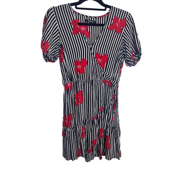 Madewell Dress Black White Striped Red Florals Retro Women Size 4 Preppy - Picture 1 of 9